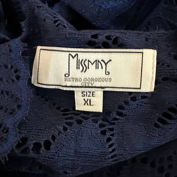 MissMay Retro Gorgeous Swing Dress WMNs XL Navy Floral Lace Long Sleeve Pleated - Picture 7 of 10